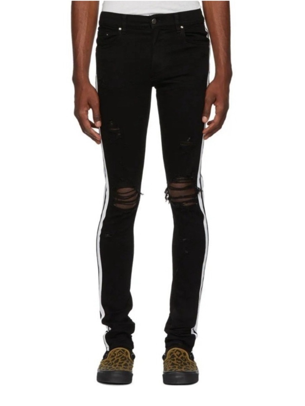 AMIRI Men's Jet Black Denim Distressed Jeans with White Side Stripes Size 31